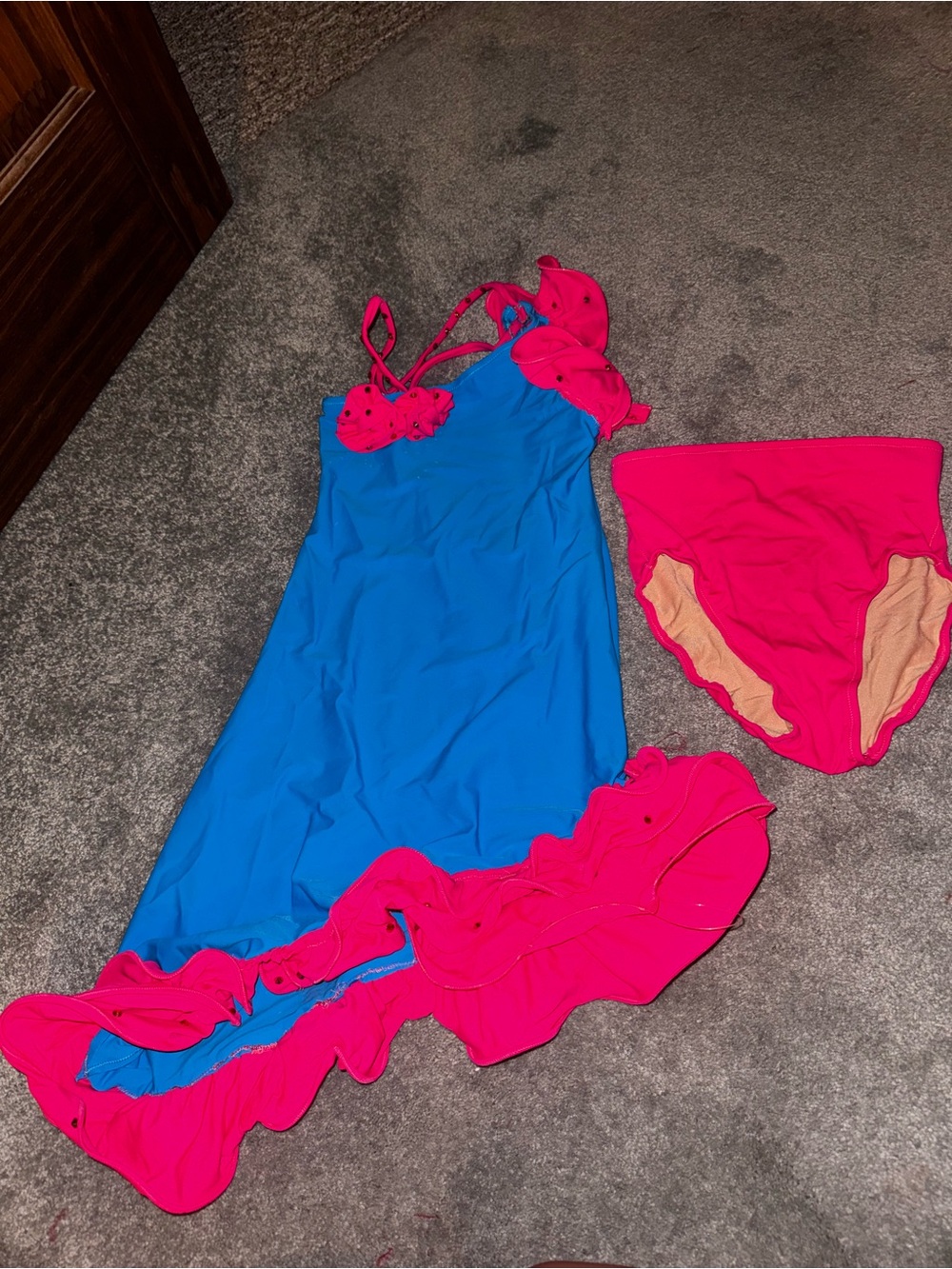 Blue and Hot Pink Girls' Dance Costume with Ruffle Trim